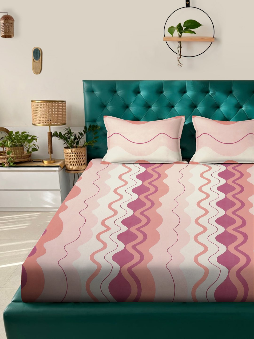 Multi Abstract  300 TC Cotton Blend Fitted Double Bedsheet with 2 Pillow Covers