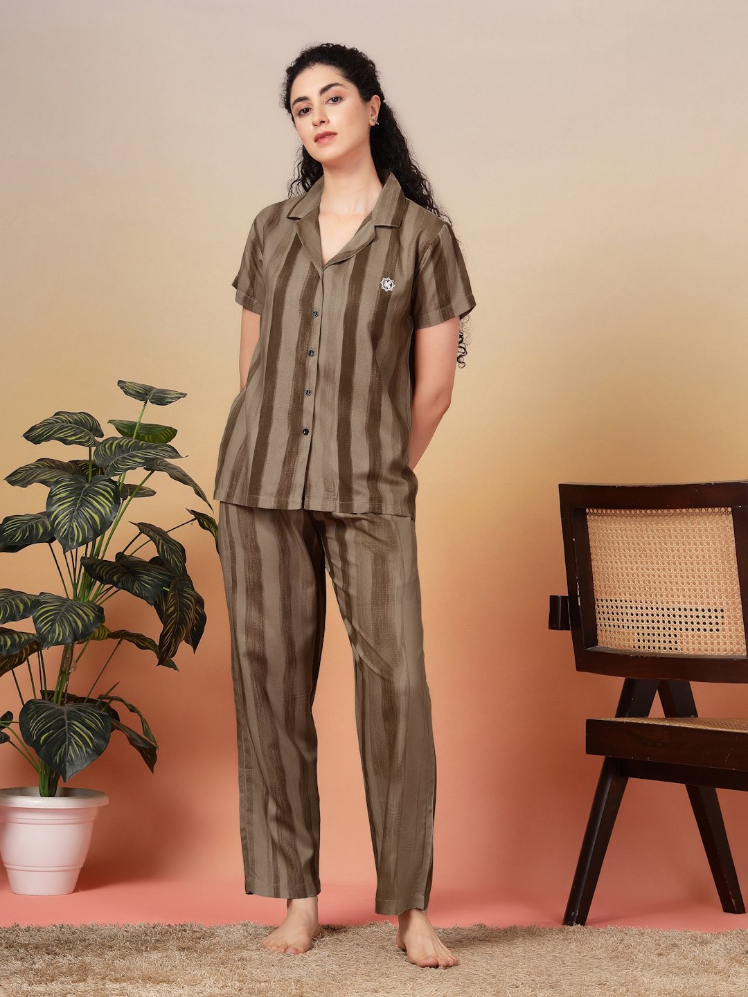 Women Brown Striped Pure Cotton Night Suit