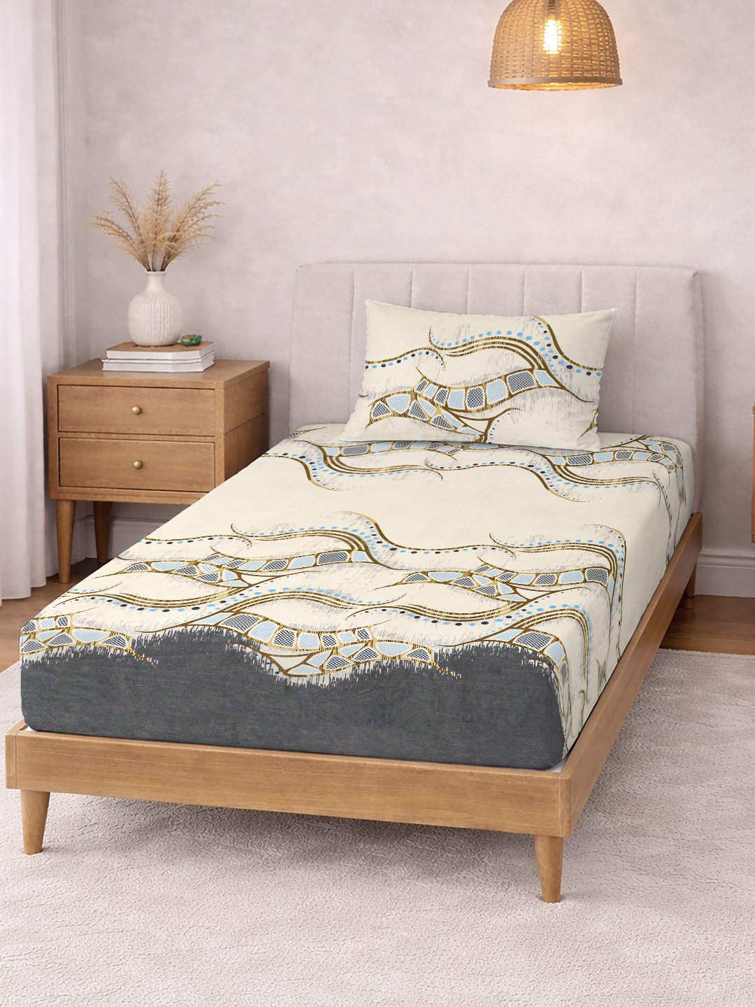 Cream Abstract Cotton Blend Single Bedsheet with Pillow Cover