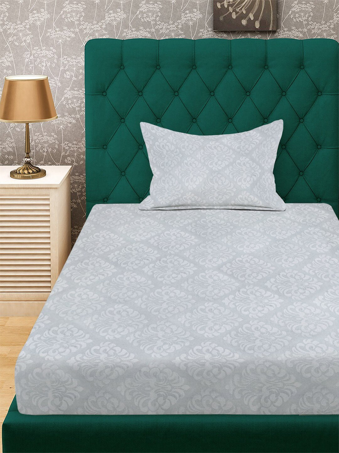 Grey Floral Embossed Cotton Blend Single Bedsheet with Pillow Cover