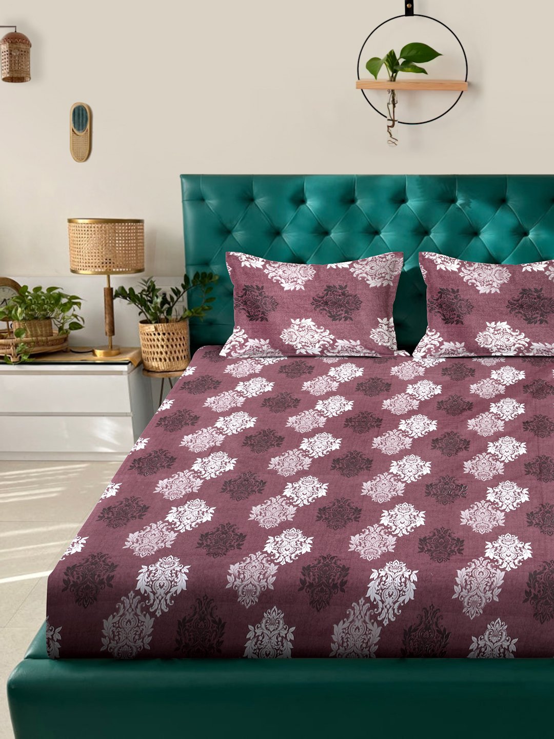 Maroon Floral 400 TC Pure Cotton Fitted Double Bedsheet with 2 Pillow Covers