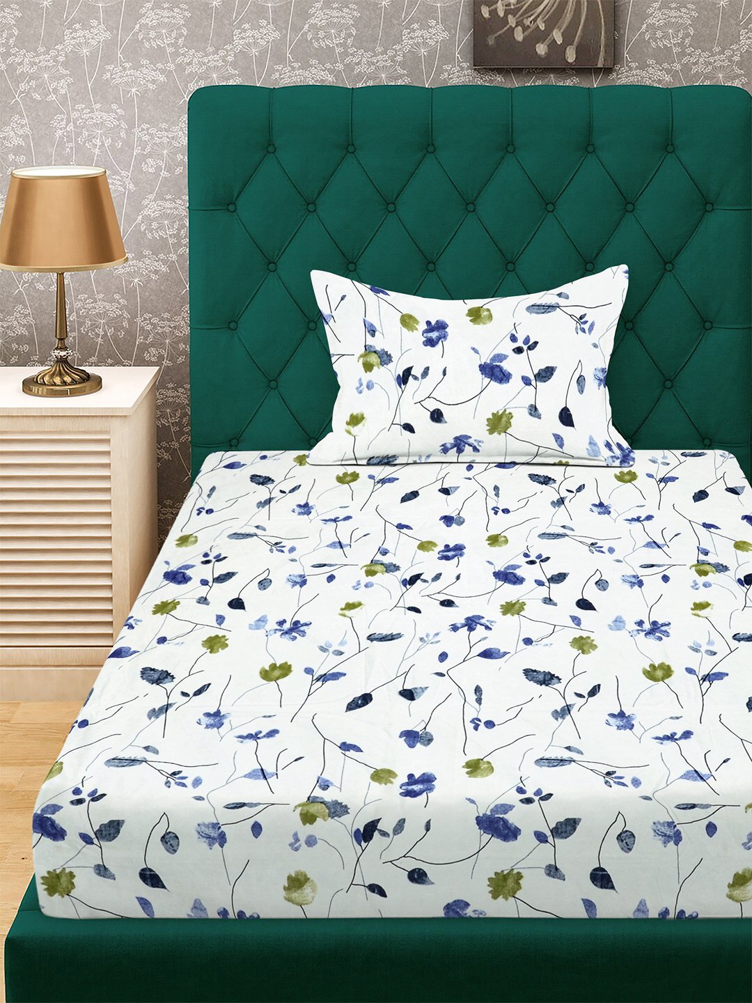 White Floral 300 TC Cotton Blend Fitted Single Bedsheet with Pillow Cover