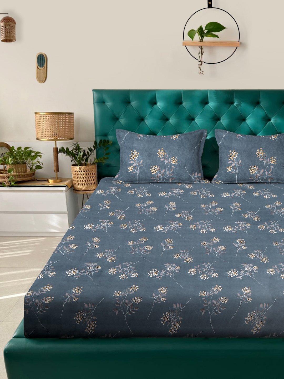 Blue Floral 300 TC Cotton Blend Double Bedsheet in Book Fold Packing