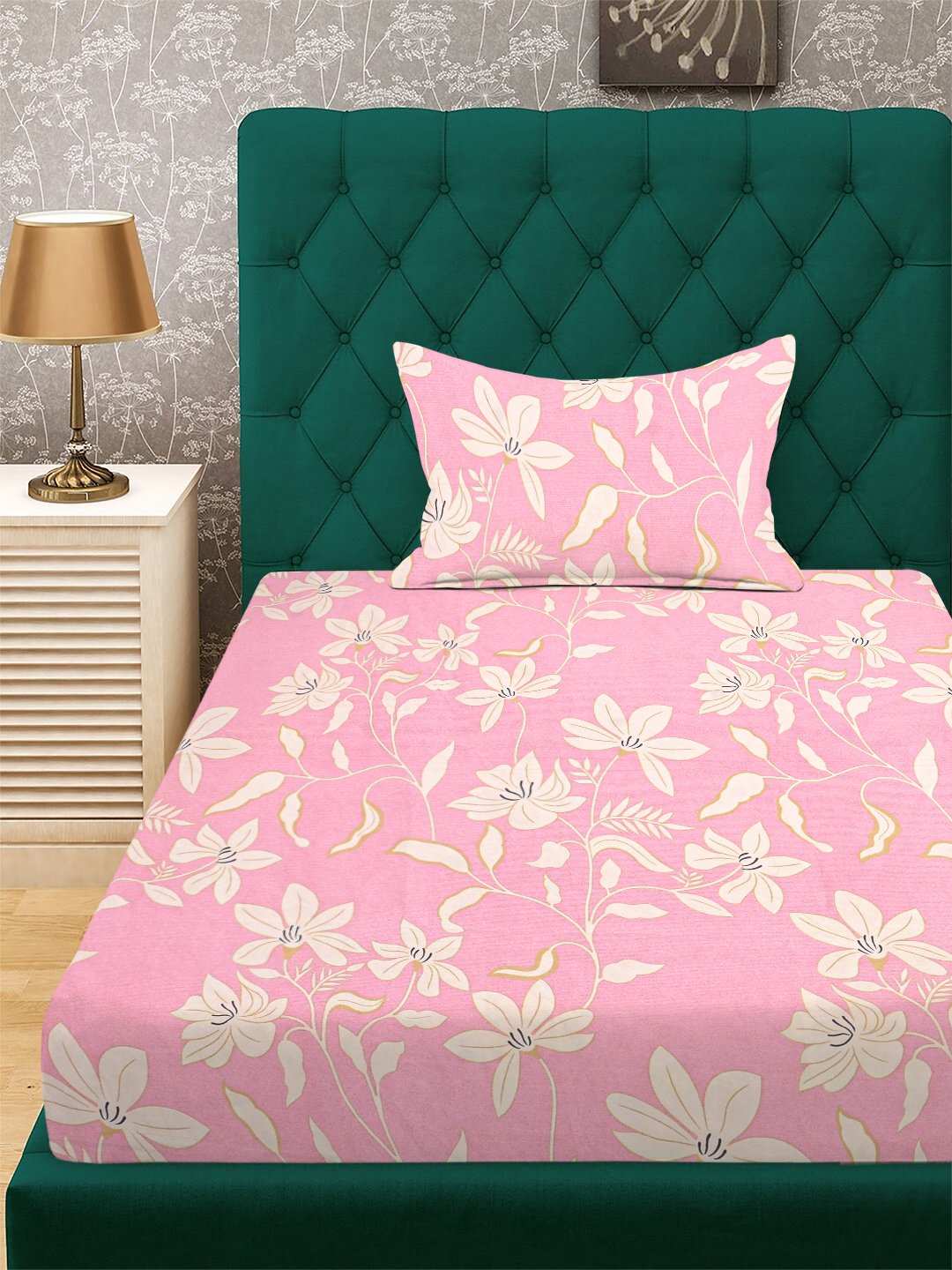 Pink Floral 300 TC Cotton Blend Single Bedsheet with Pillow Cover
