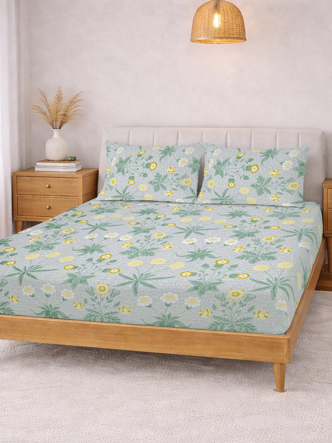 Green Floral Cotton Blend Fitted Double Bedsheet with 2 Pillow Covers
