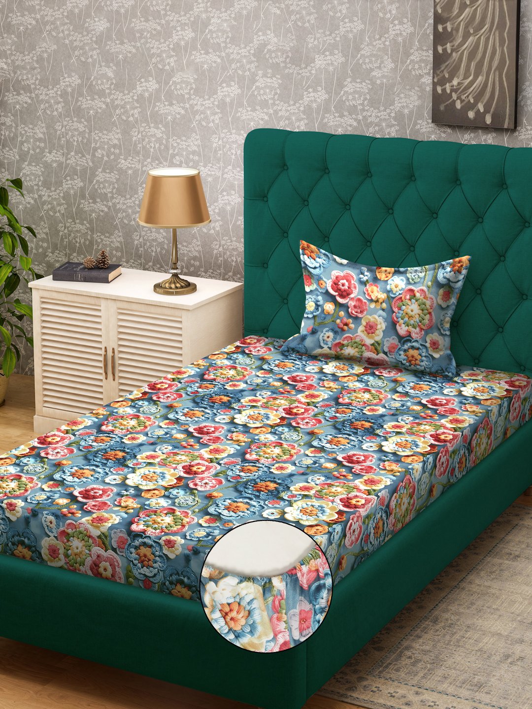 Blue Floral 7D Cotton Blend Fitted Single Bedsheet with Pillow Cover