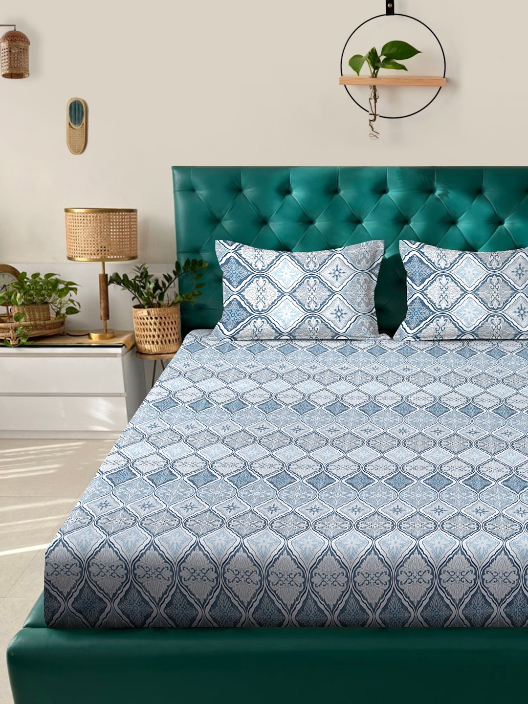 Blue Floral 400 TC Pure Cotton Double Bedsheet with 2 Pillow Covers