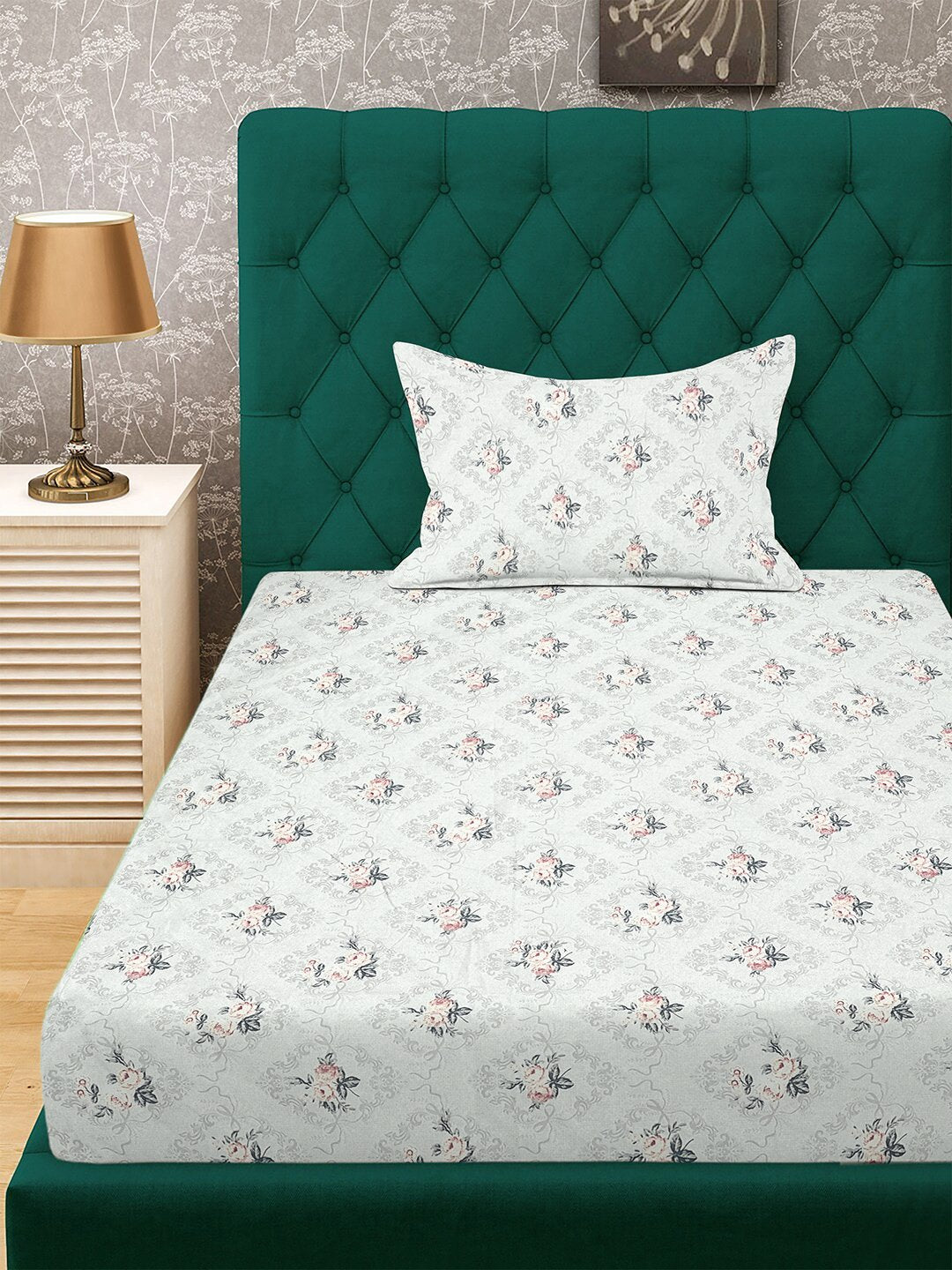 Cream Floral 300 TC Cotton Blend Single Bedsheet with Pillow Cover