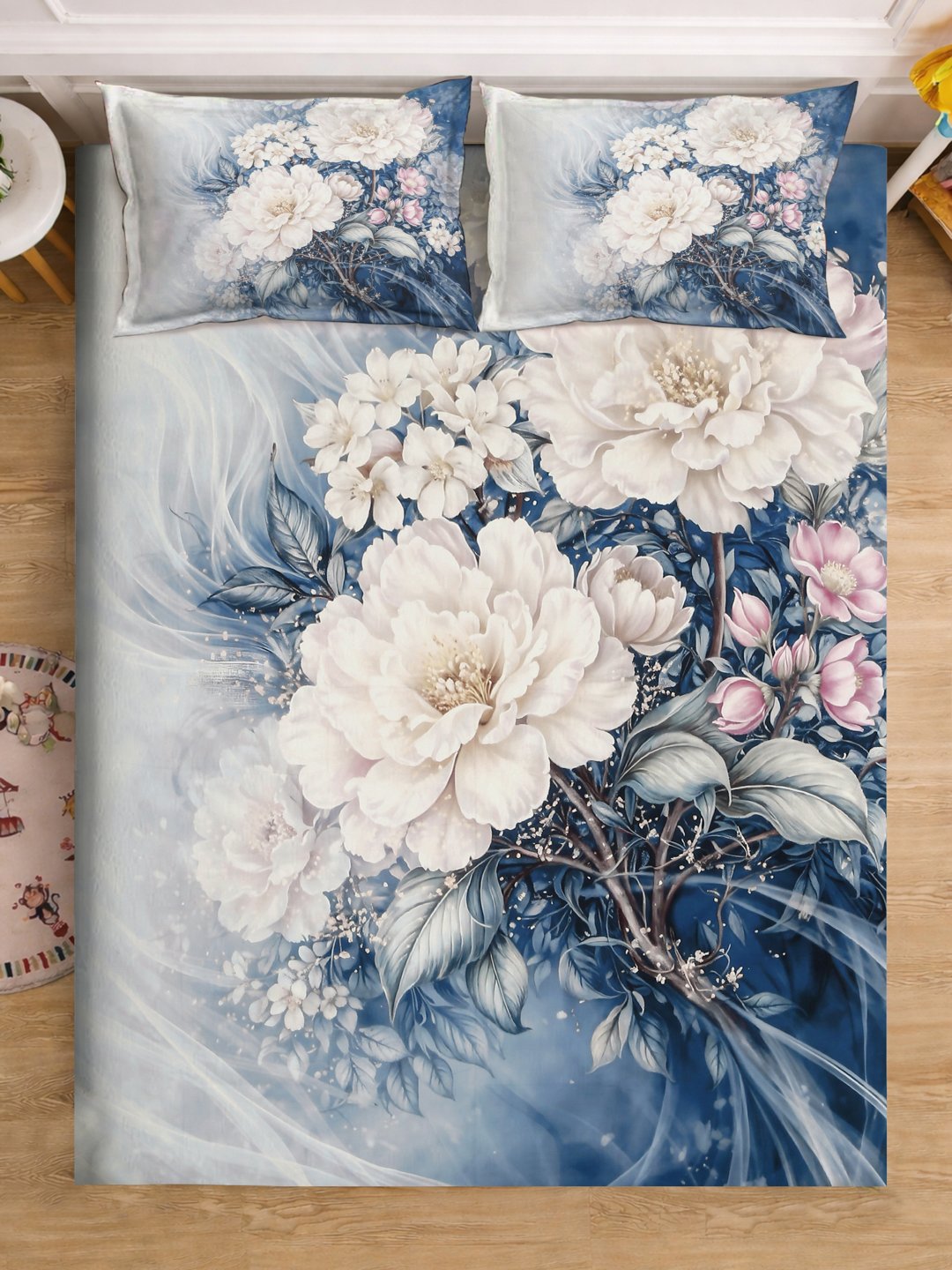 Blue Digital Floral Printed Cotton Blend Double Bedsheet with 2 Pillow Covers
