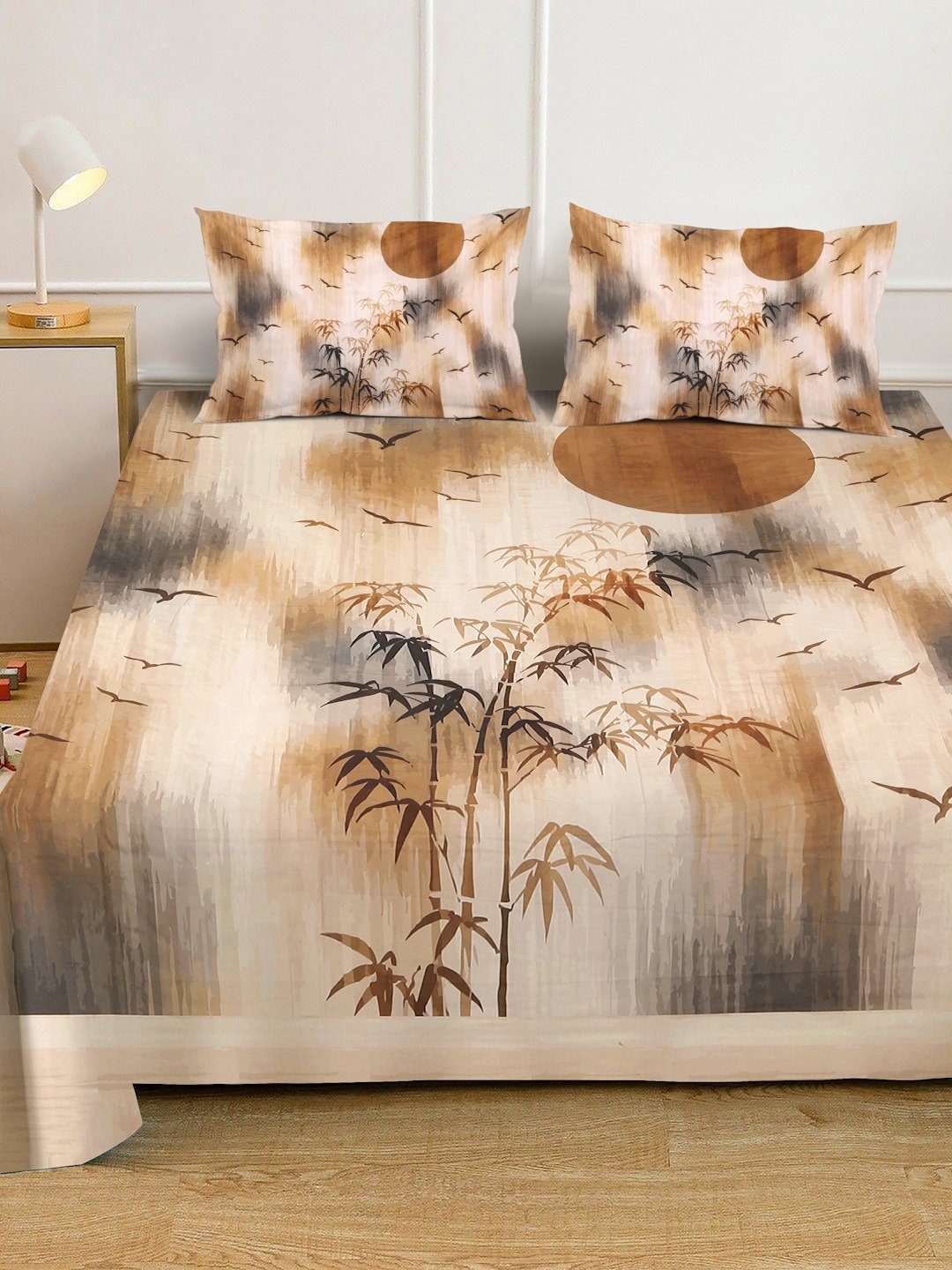 Beige Digital Floral Printed Fitted Cotton Blend Double Bedsheet with 2 Pillow Covers