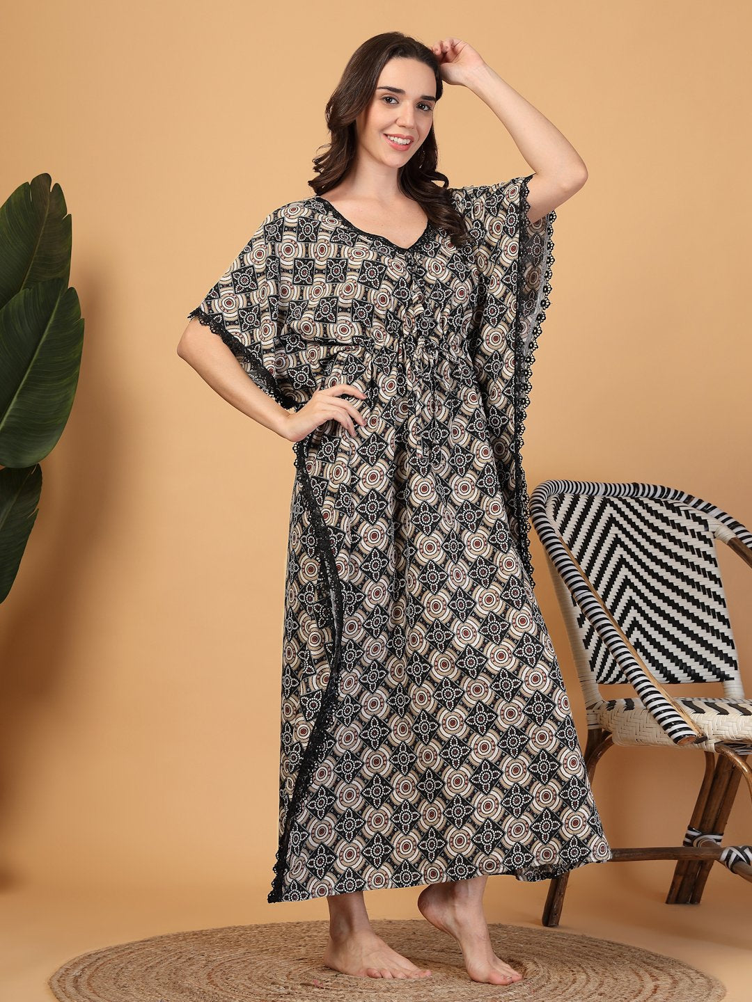 Black Floral Cotton Blend Kaftan Maxi Nightdress