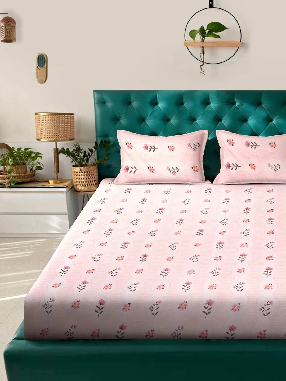 Pink Floral 300 TC Cotton Blend Fitted Double Bedsheet with 2 Pillow Covers