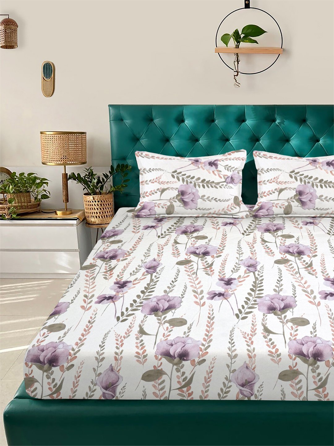 White Floral 300 TC Cotton Blend Double Bedsheet with 2 Pillow Covers