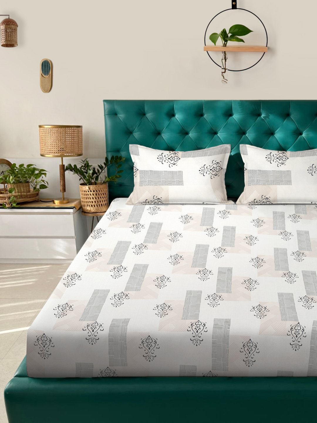 Cream Ethnic Motifs  300 TC Cotton Blend Fitted Double Bedsheet with 2 Pillow Covers