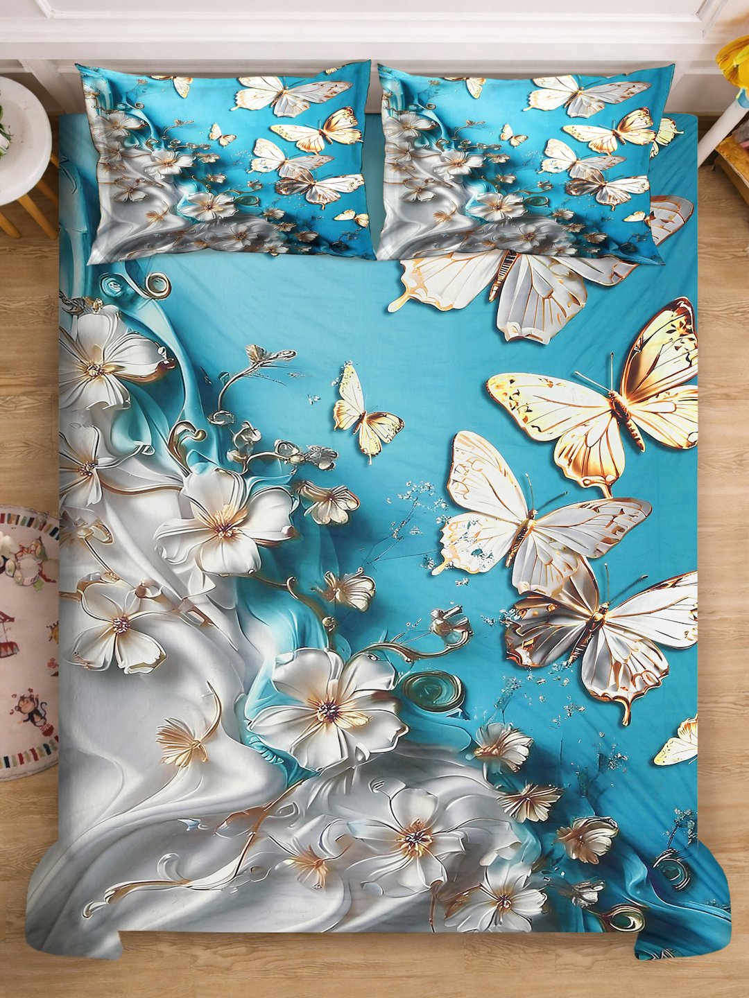 Blue 7D Floral Printed Fitted Cotton Blend Double Bedsheet with 2 Pillow Covers