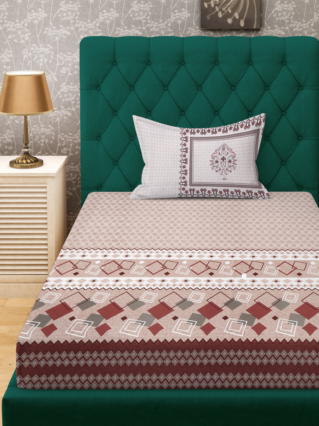 Klotthe Peach Geometric 400 TC Pure Cotton Fitted Single Bedsheet with Pillow Cover