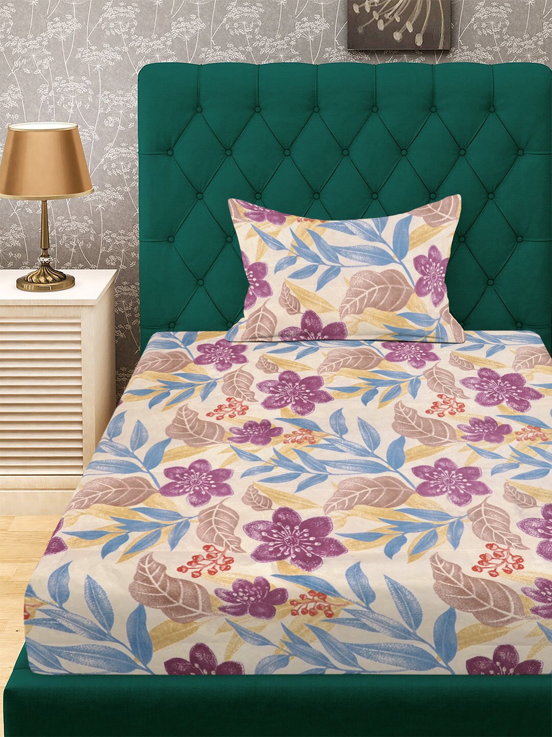 Multi Floral 300 TC Cotton Blend Single Bedsheet with Pillow Cover