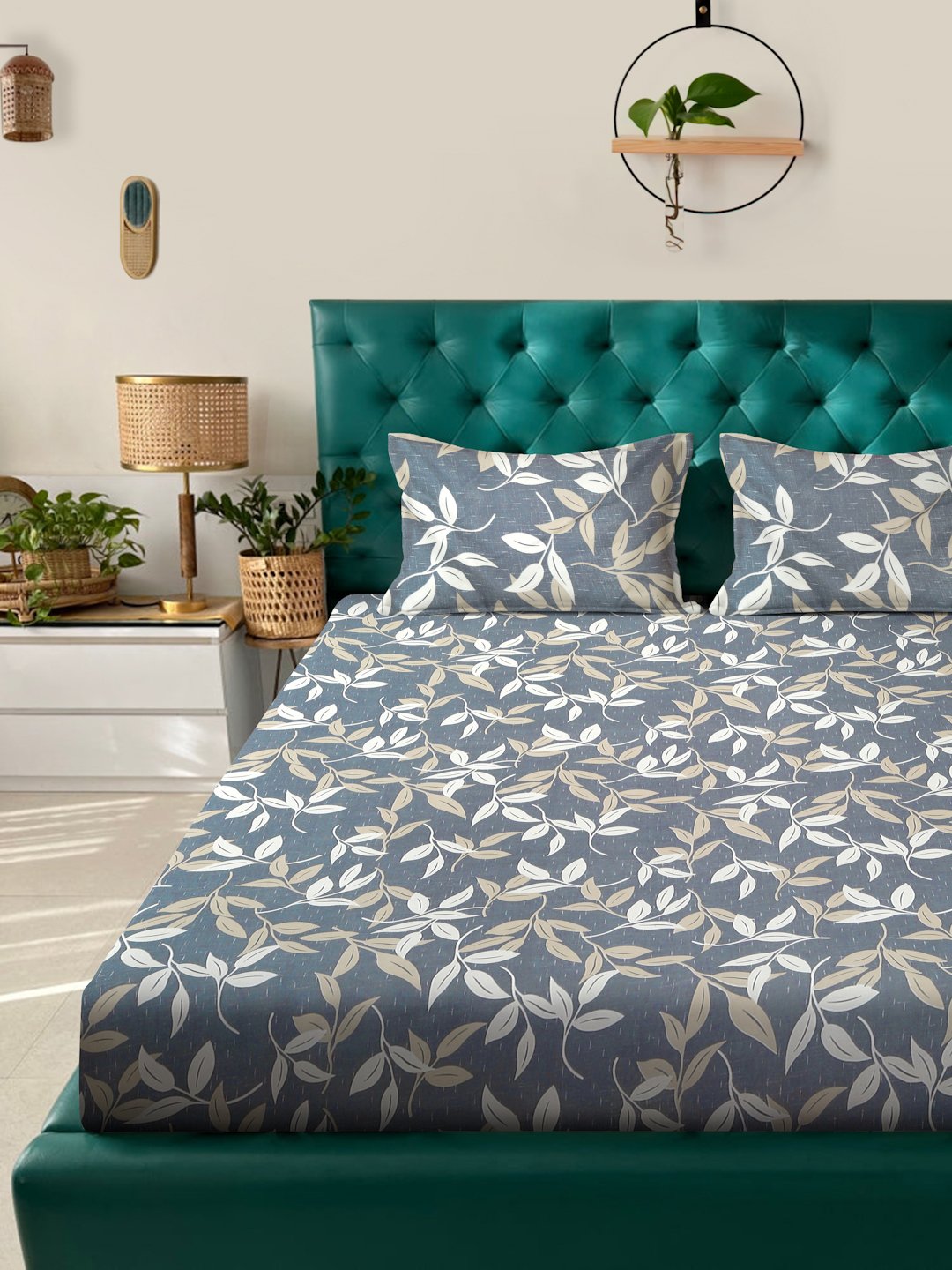 Grey Floral 300 TC Cotton Blend Double Bedsheet in Book Fold Packing