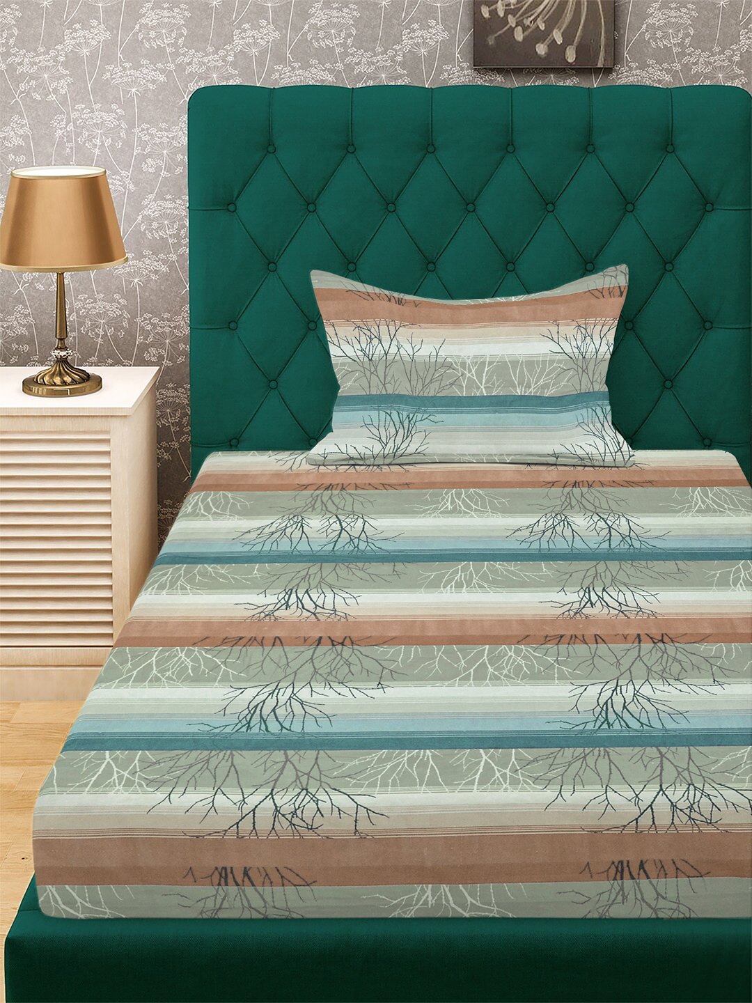 Multi Striped 300 TC Cotton Blend Single Bedsheet with Pillow Cover