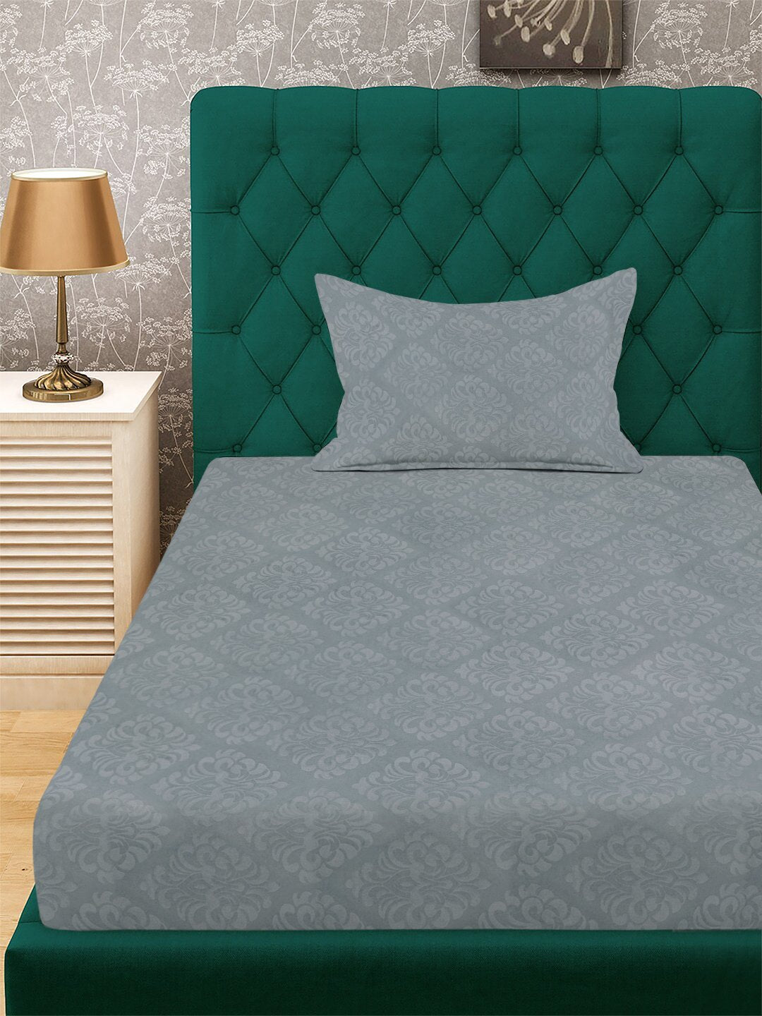 Grey Floral Embossed Cotton Blend Fitted Fitted Single Bedsheet with Pillow Cover