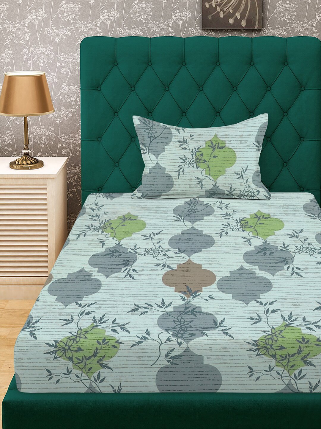 Multi Floral 300 TC Cotton Blend Fitted Single Bedsheet with Pillow Cover