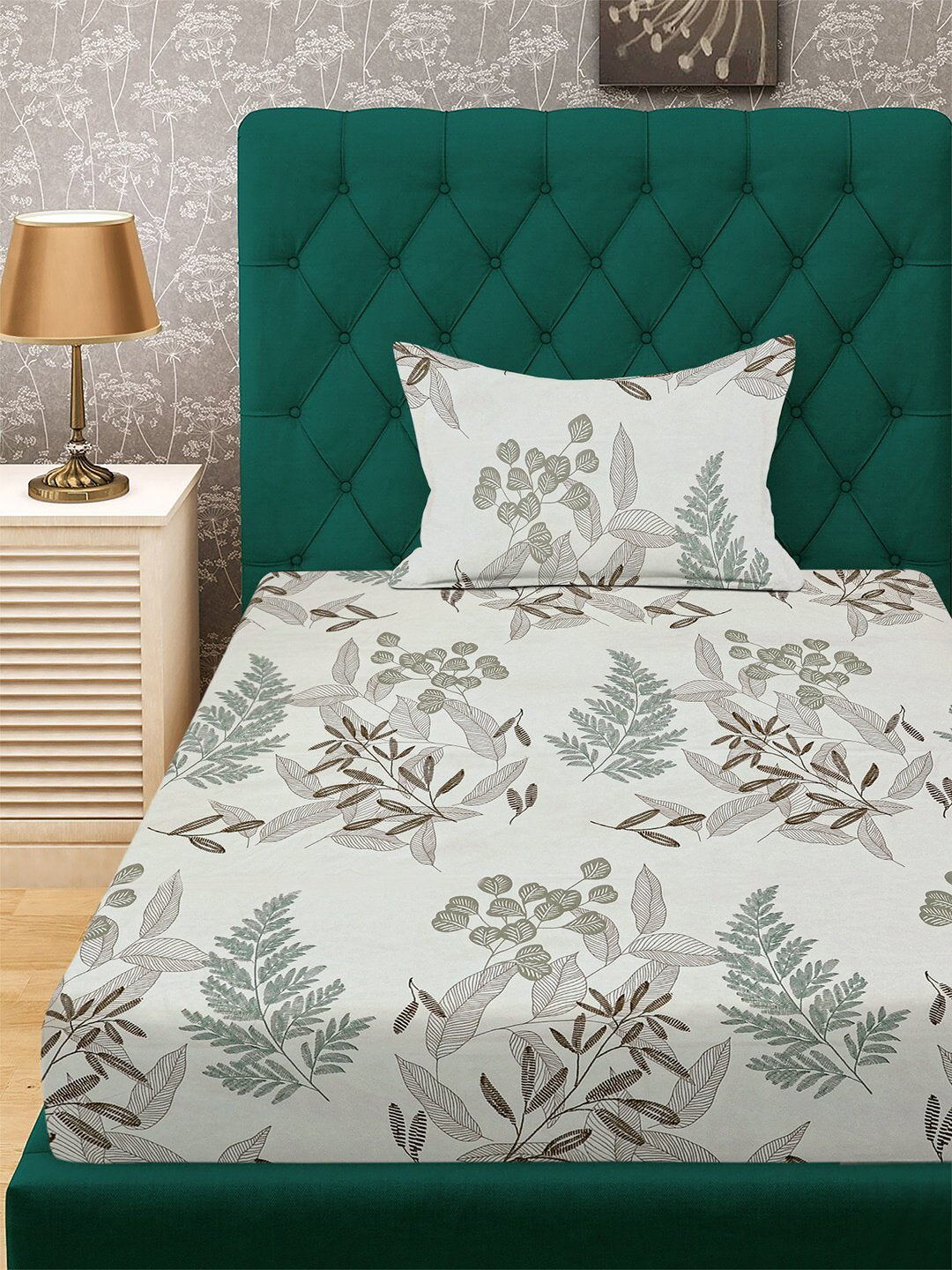 Cream Floral 300 TC Cotton Blend Fitted Single Bedsheet with Pillow Cover