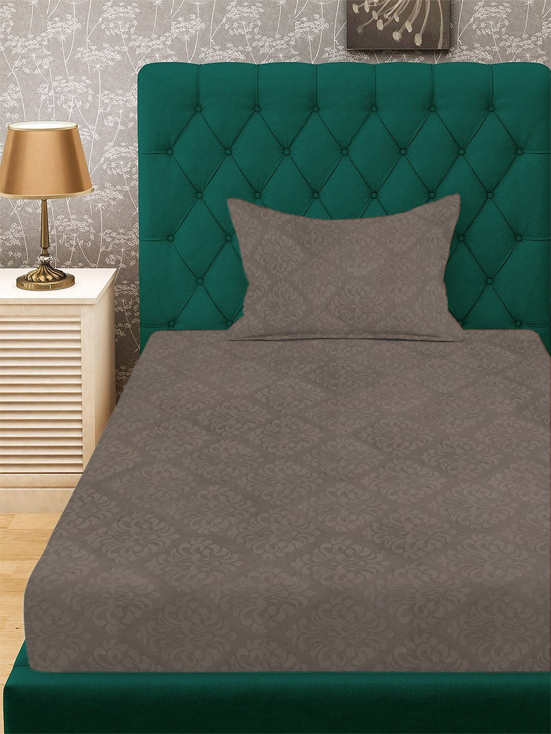 Brown Floral Embossed Cotton Blend Single Bedsheet with Pillow Cover