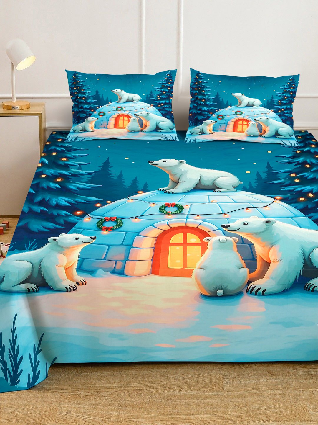 Blue Cartoon Characters 7D King Size Cotton Blend Double Bedsheet with 2 Pillow Covers