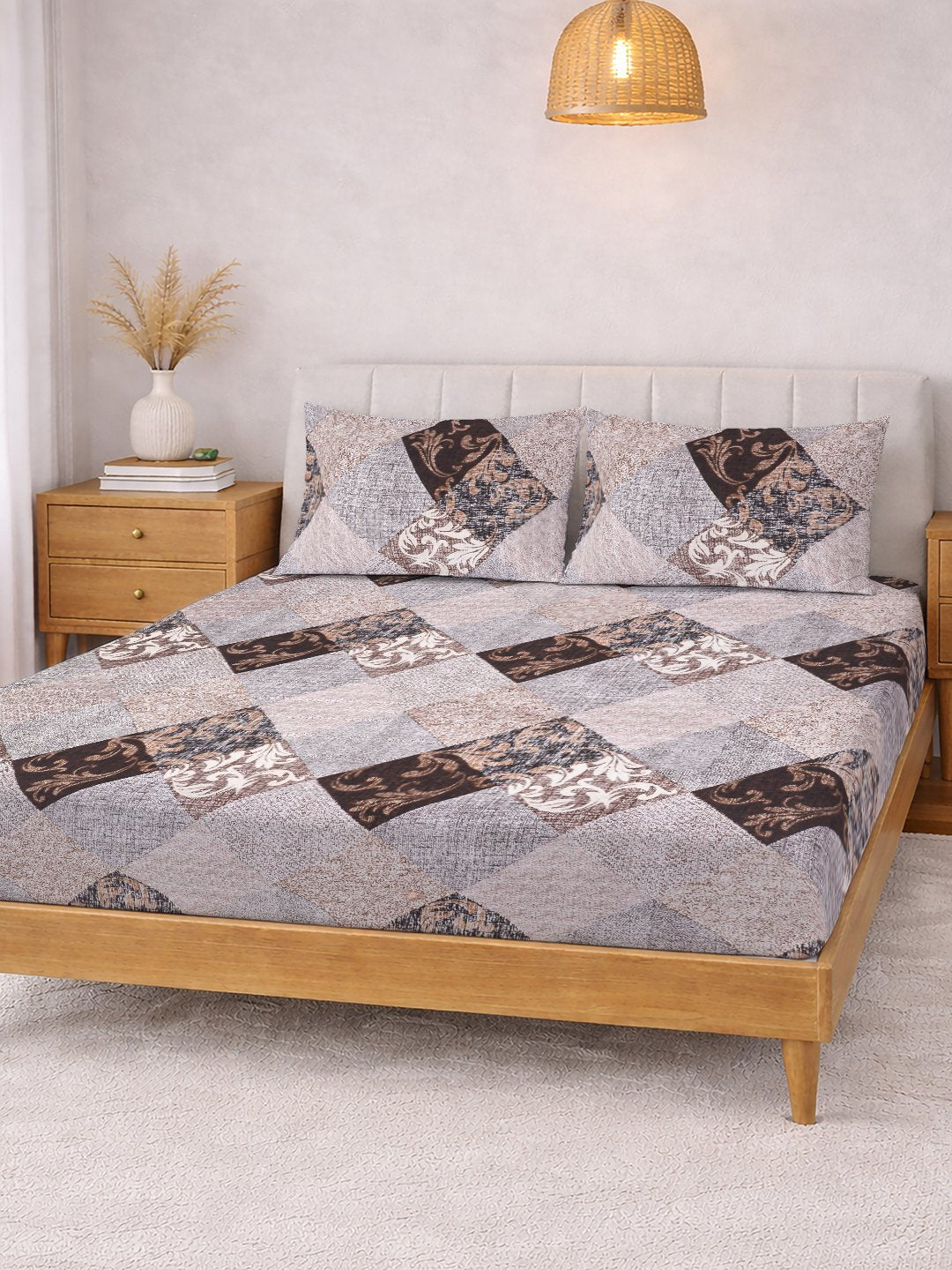 Brown Geometric Cotton Blend Fitted Double Bedsheet with 2 Pillow Covers