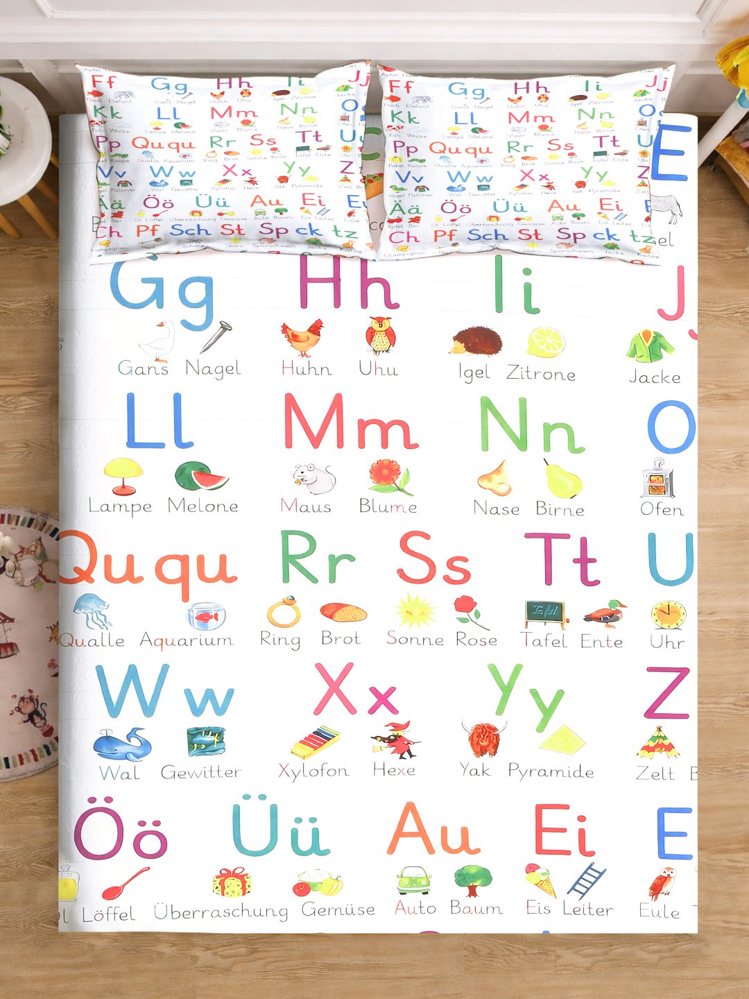 White Digital Cartoon Characters Printed Cotton Blend Double Bedsheet with 2 Pillow Covers
