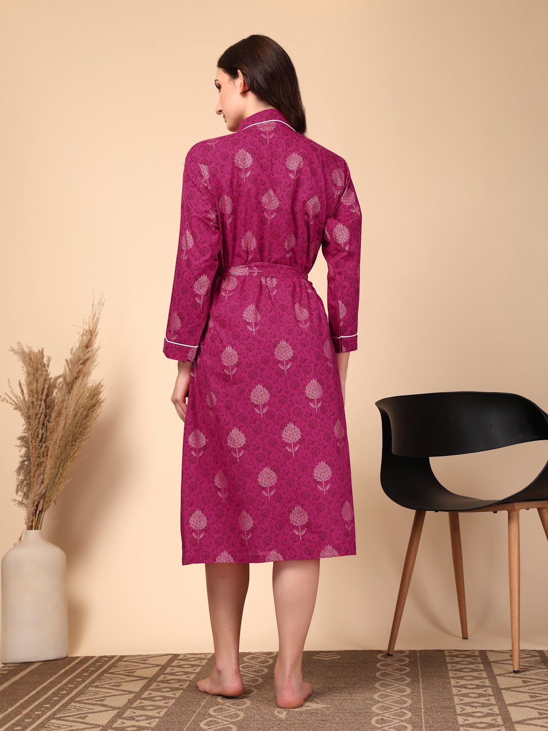 Women Printed Pink Floral Pure Cotton Bath Robe With Belt