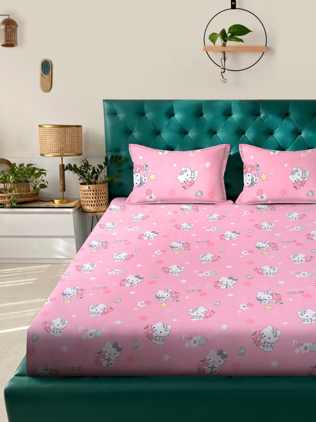 Pink Cartoon Characters 400 TC Pure Cotton Double Bedsheet with 2 Pillow Covers