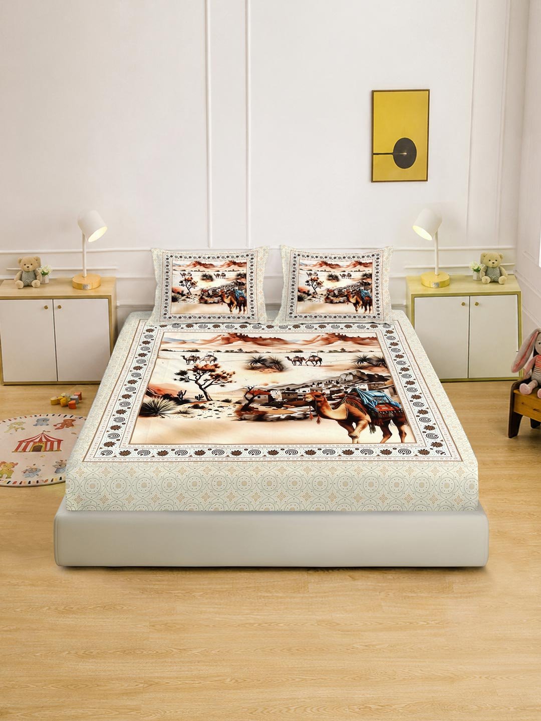 Digital Printed Cream Conversational Cotton Blend Double Bedsheet with 2 Pillow Covers