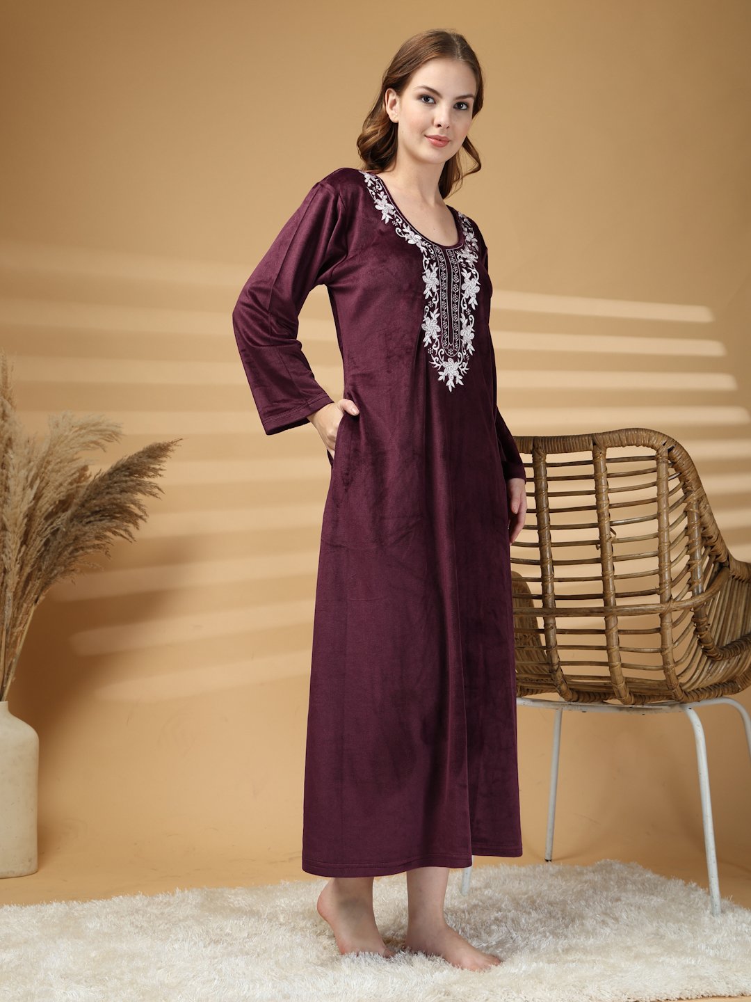 Klotthe Wine Solid Soft touch Velvet Maxi Nightdress