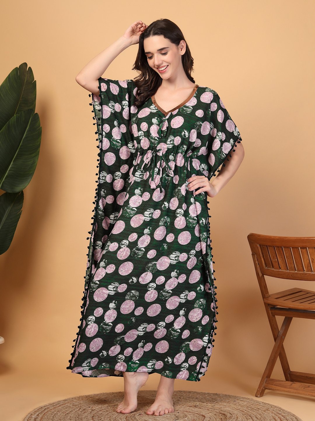 Green Floral Cotton Blend Kaftan Maxi Nightdress