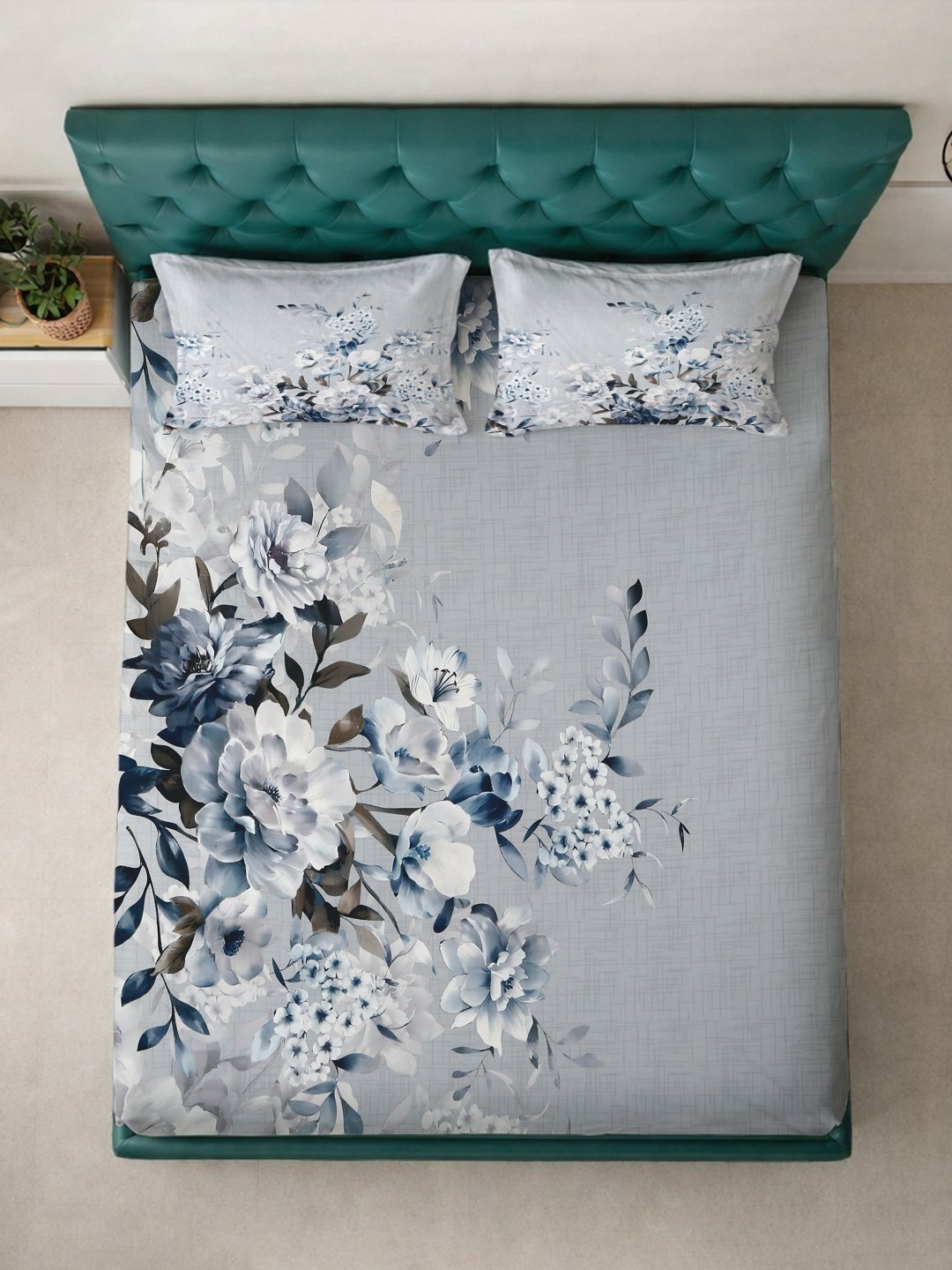 Grey Digital Floral Printed Cotton Blend Double Bedsheet with 2 Pillow Covers