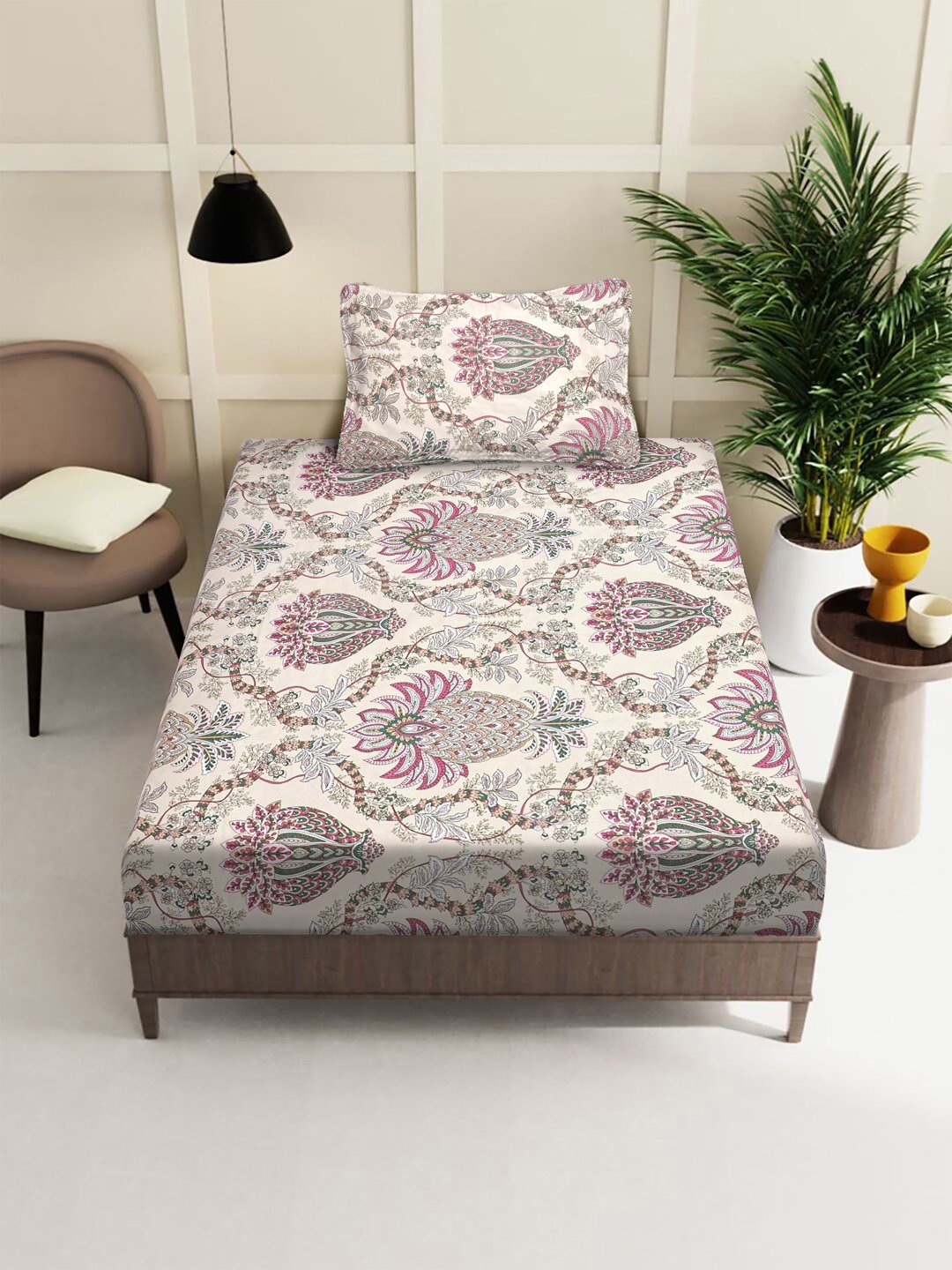Multi Floral 300 TC Cotton Blend Single Bedsheet with Pillow Cover