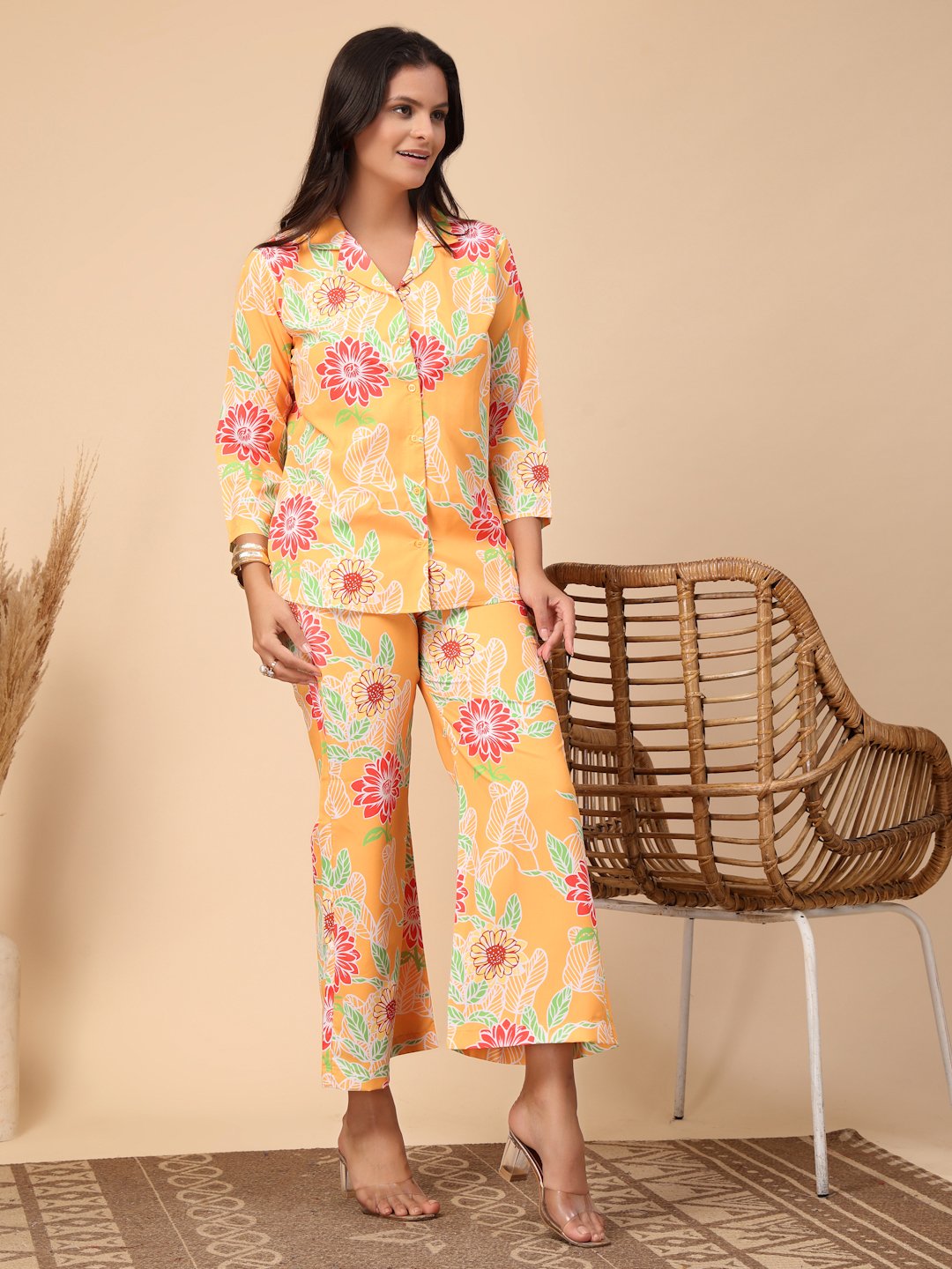 Yellow Cotton Printed Shirt With Trousers Co-Ords Set