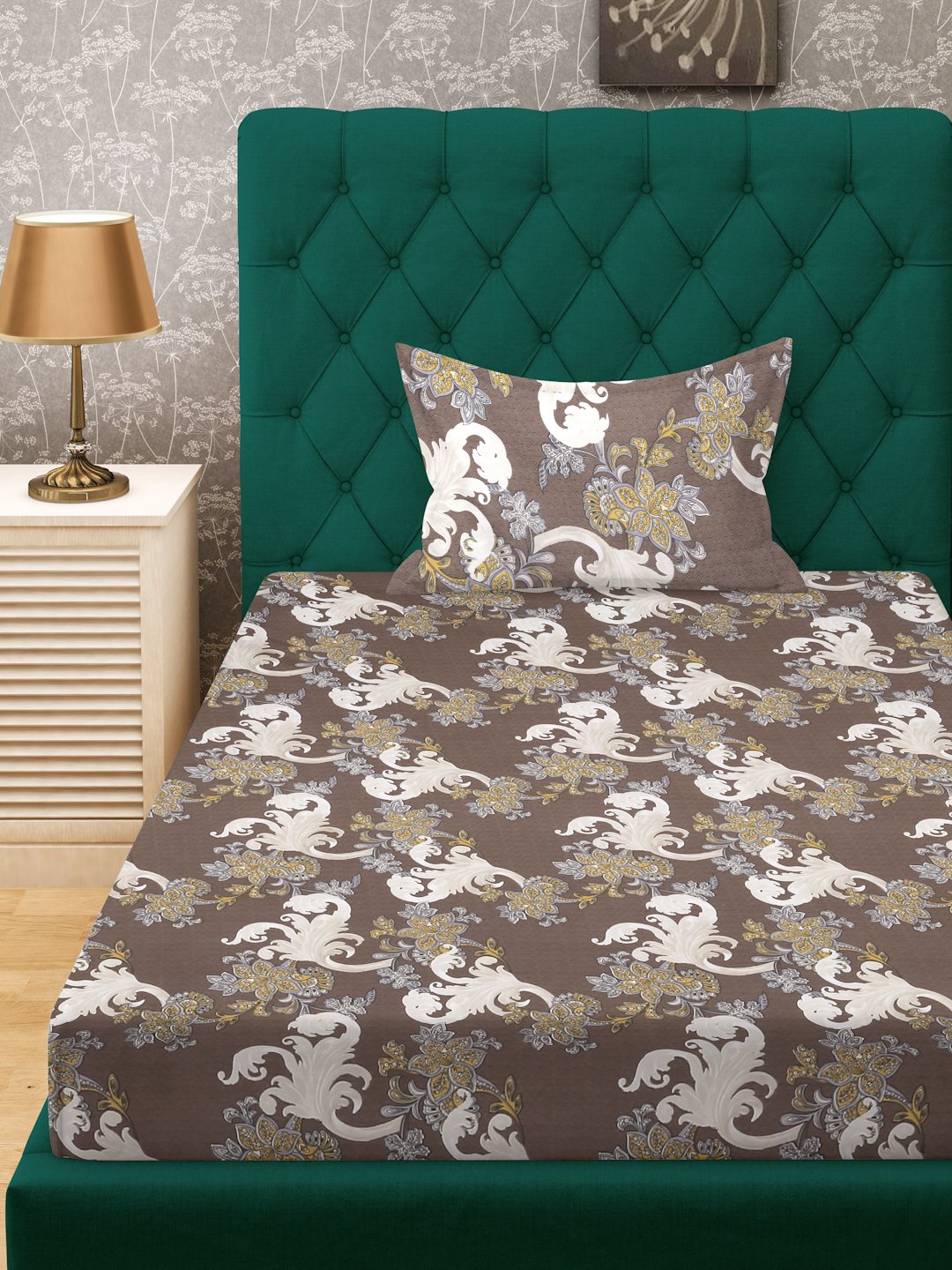 Brown Floral 300 TC Cotton Blend Fitted Single Bedsheet Set in Book Fold Packing