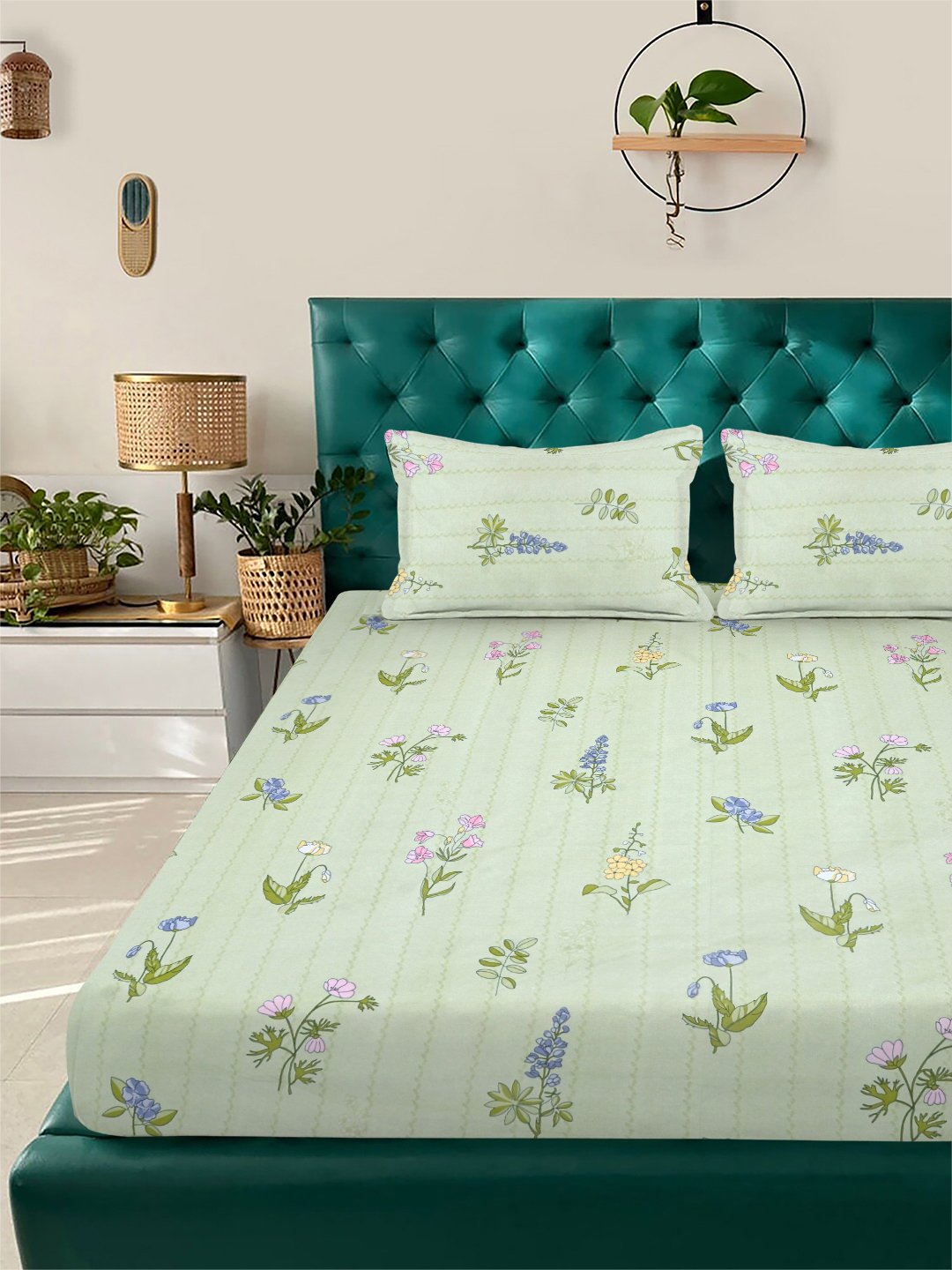 Green Floral 300 TC Cotton Blend Fitted Double Bedsheet with 2 Pillow Covers
