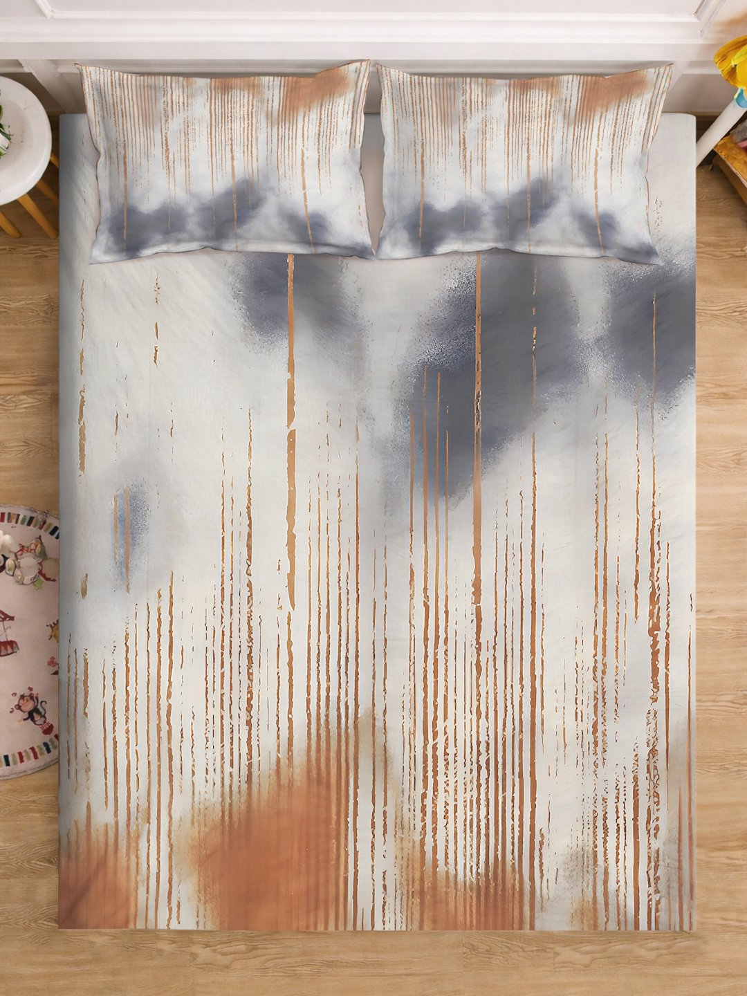 Grey Digital Abstract Printed Cotton Blend Double Bedsheet with 2 Pillow Covers