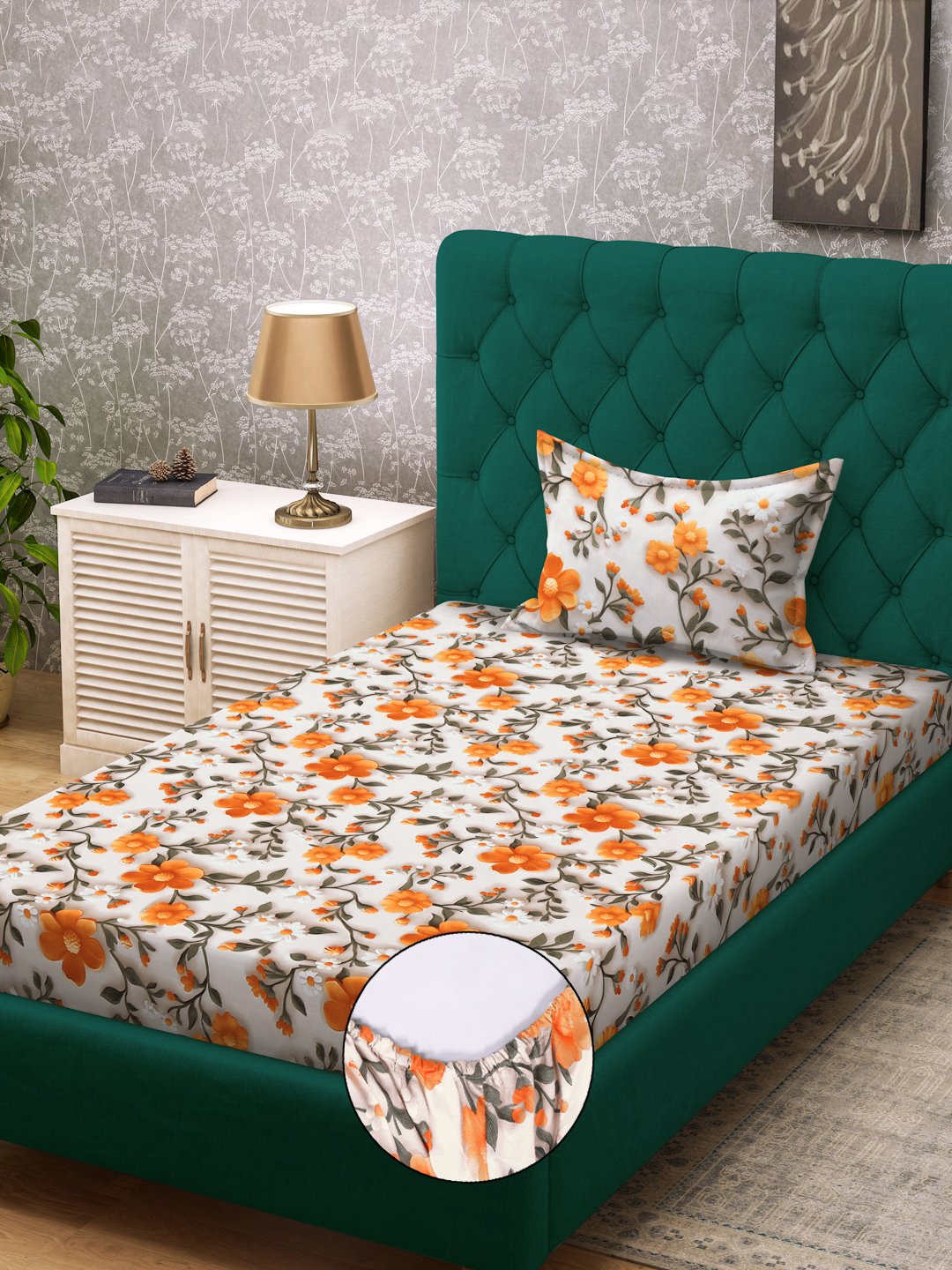 Cream Floral 7D Cotton Blend Fitted Single Bedsheet with Pillow Cover