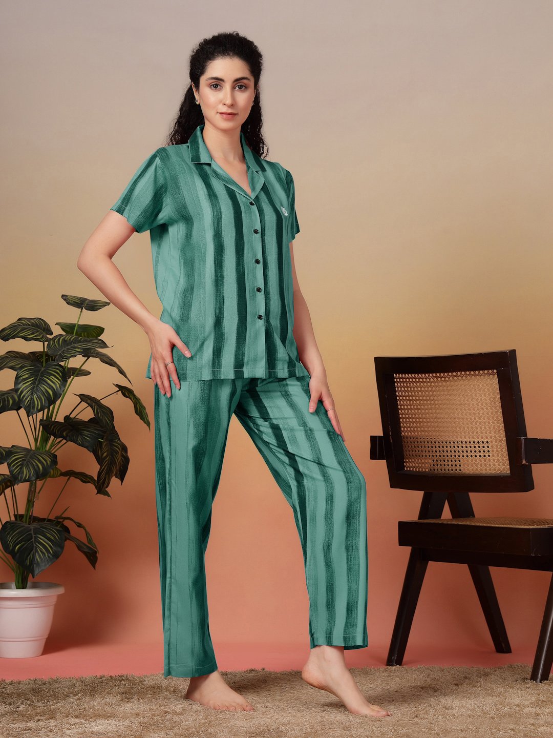 Women Green Striped Pure Cotton Night Suit