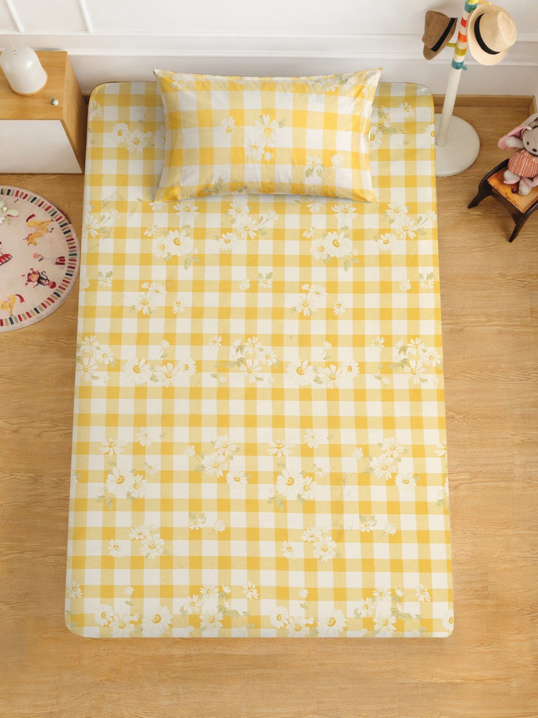 Yellow Floral Cotton Blend Fitted Single Bedsheet with Pillow Cover