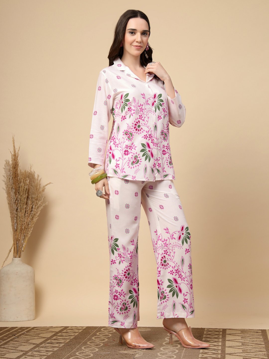 Cream Cotton Printed Shirt With Trousers Co-Ords Set