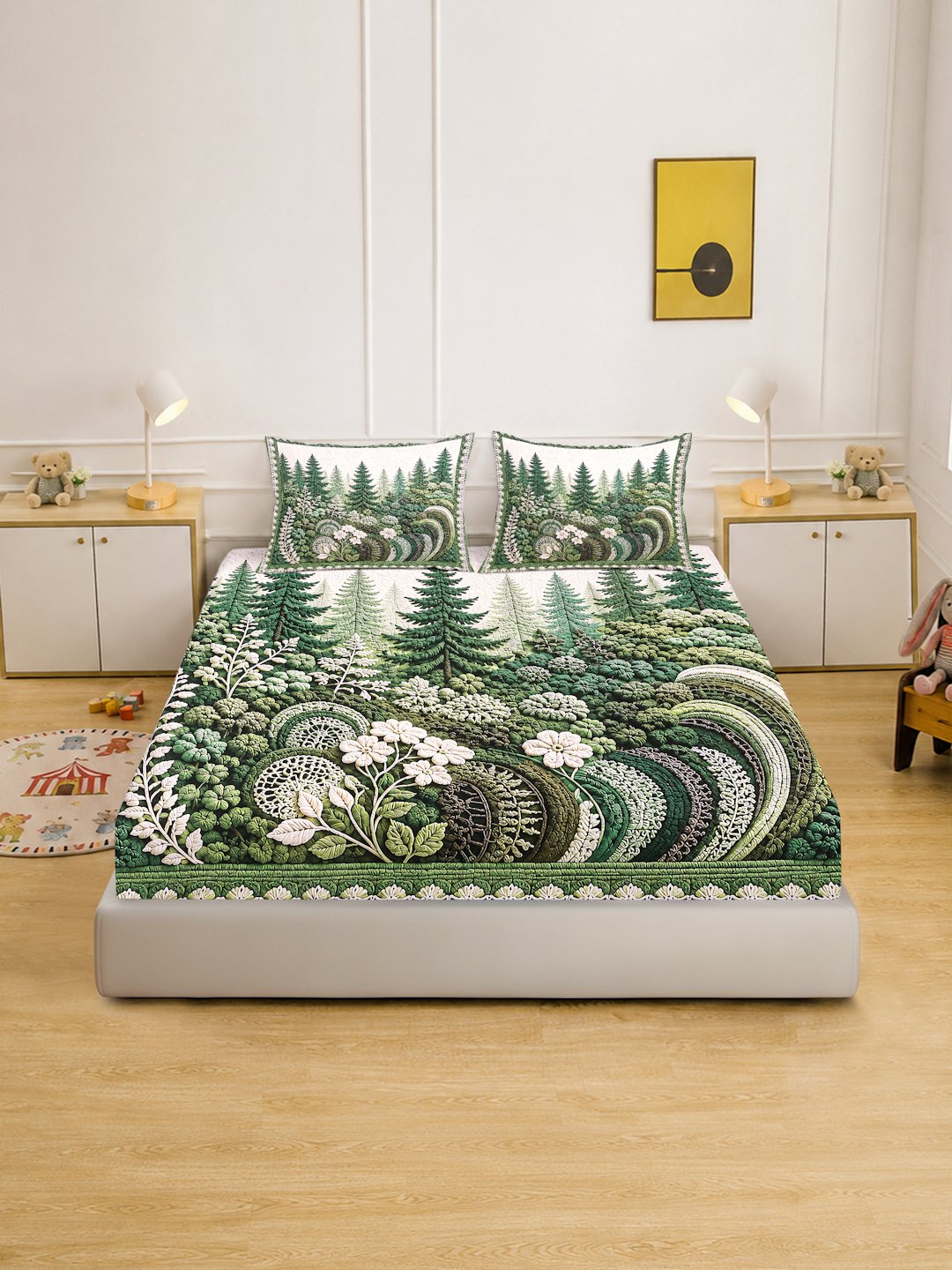 Digital Printed Green Floral Cotton Blend Double Bedsheet with 2 Pillow Covers