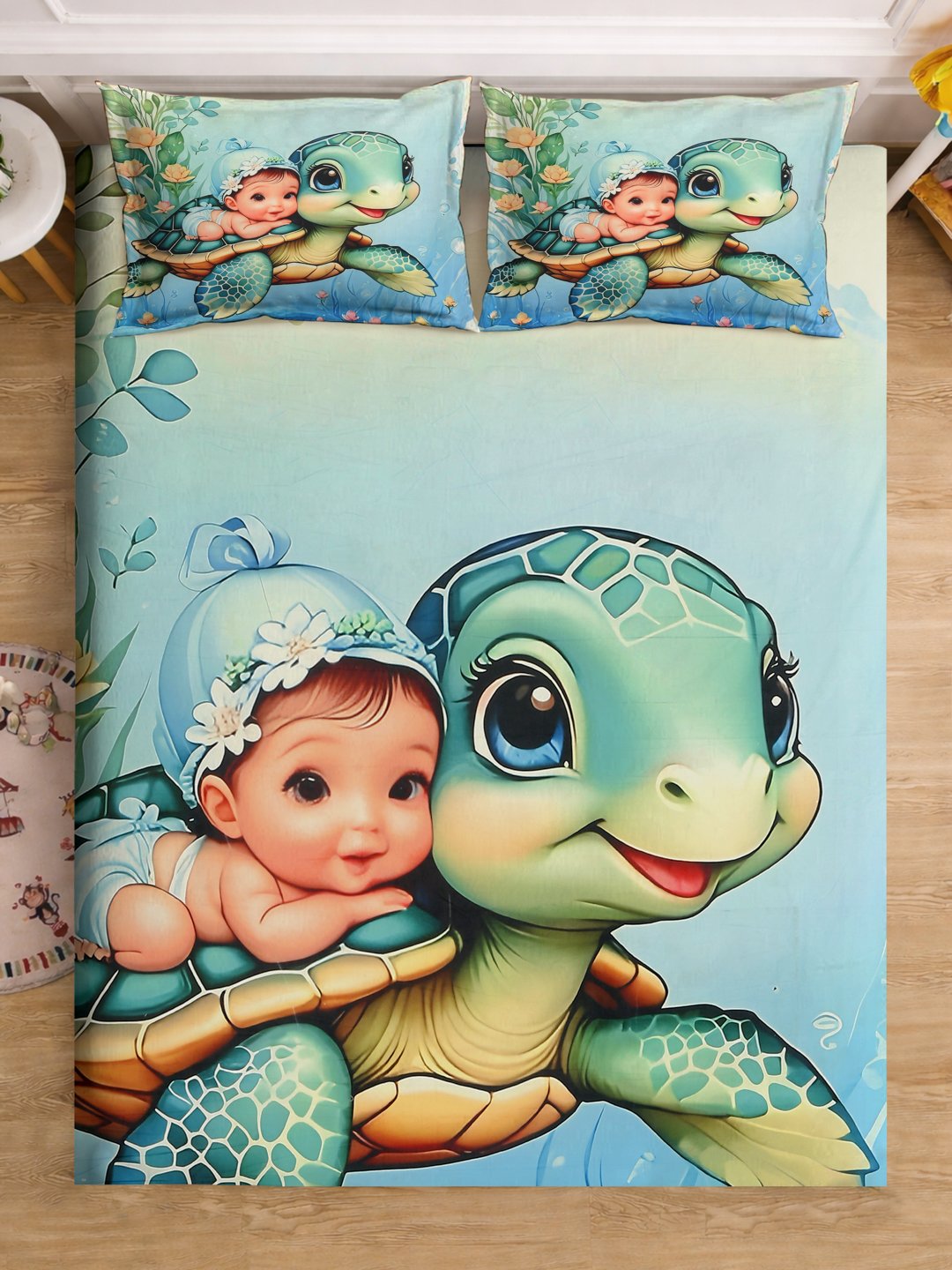 Multi Digital Cartoon Characters Printed Cotton Blend Fitted Double Bedsheet with 2 Pillow Covers
