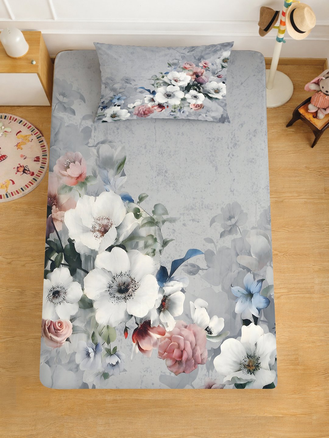Grey Digital Floral Printed Cotton Blend Fitted Single Bedsheet with Pillow Cover