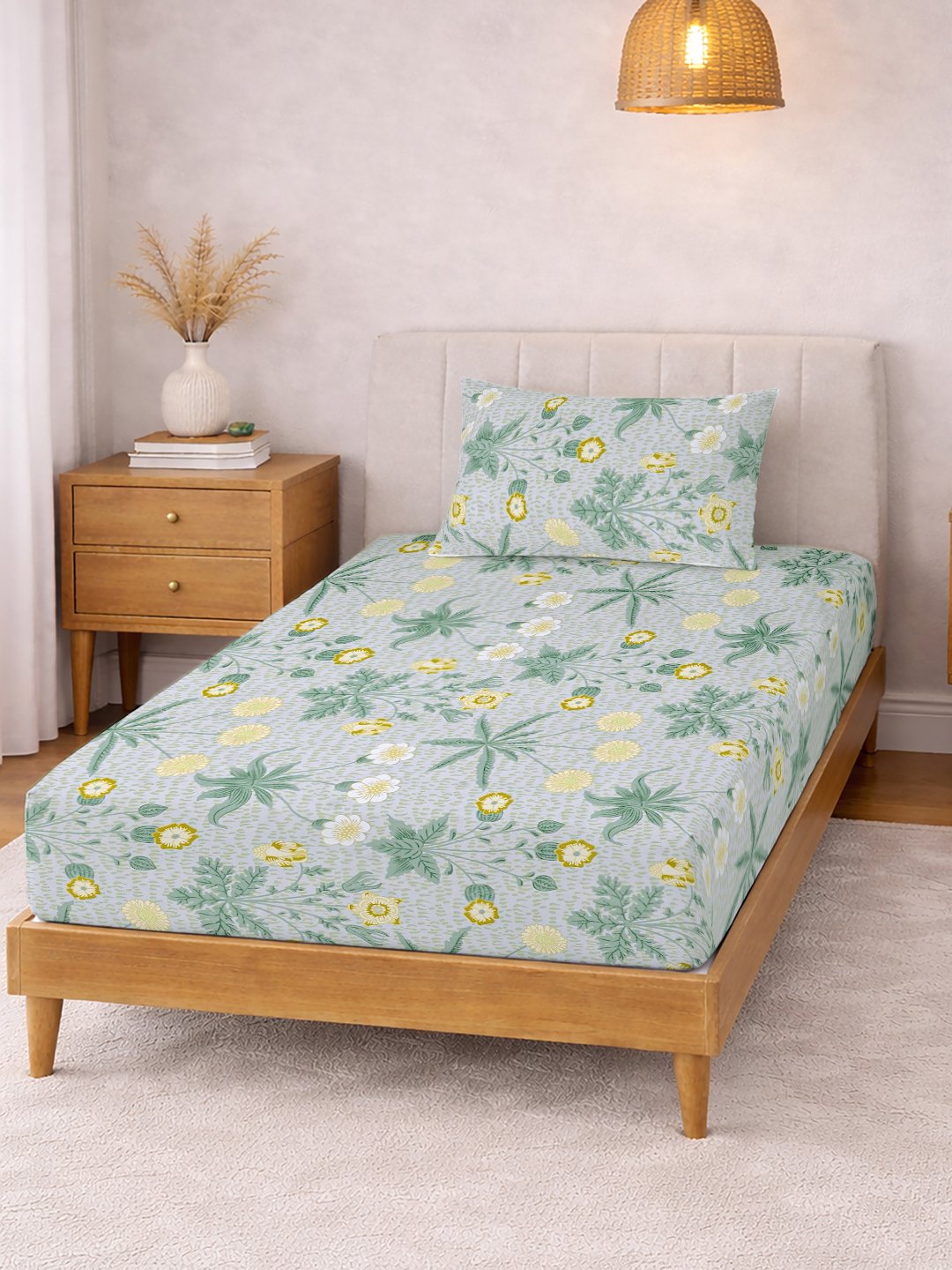Green Floral Cotton Blend Single Bedsheet with Pillow Cover