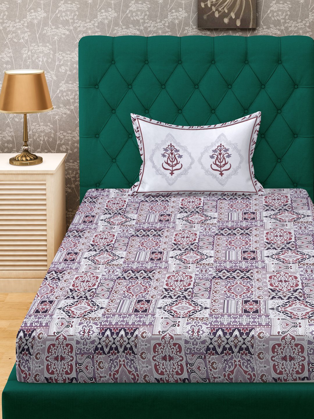 Purple Ethnic Motifs 400 TC Pure Cotton Single Bedsheet with Pillow Cover